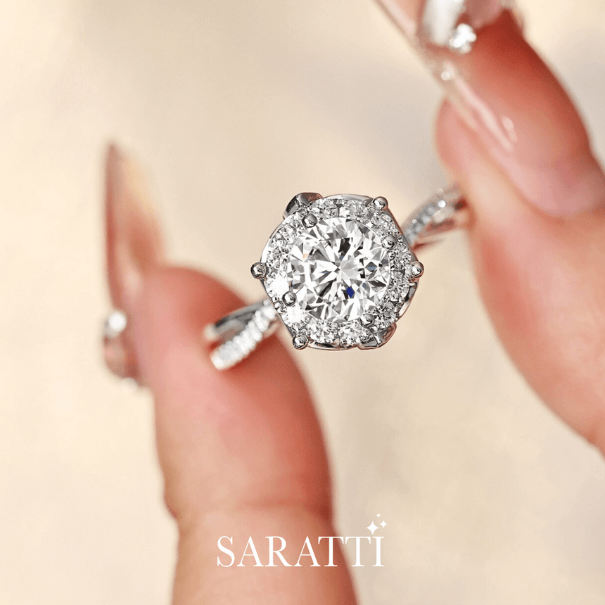 Prong set Diamond Halo and center stone split shank engagement ring