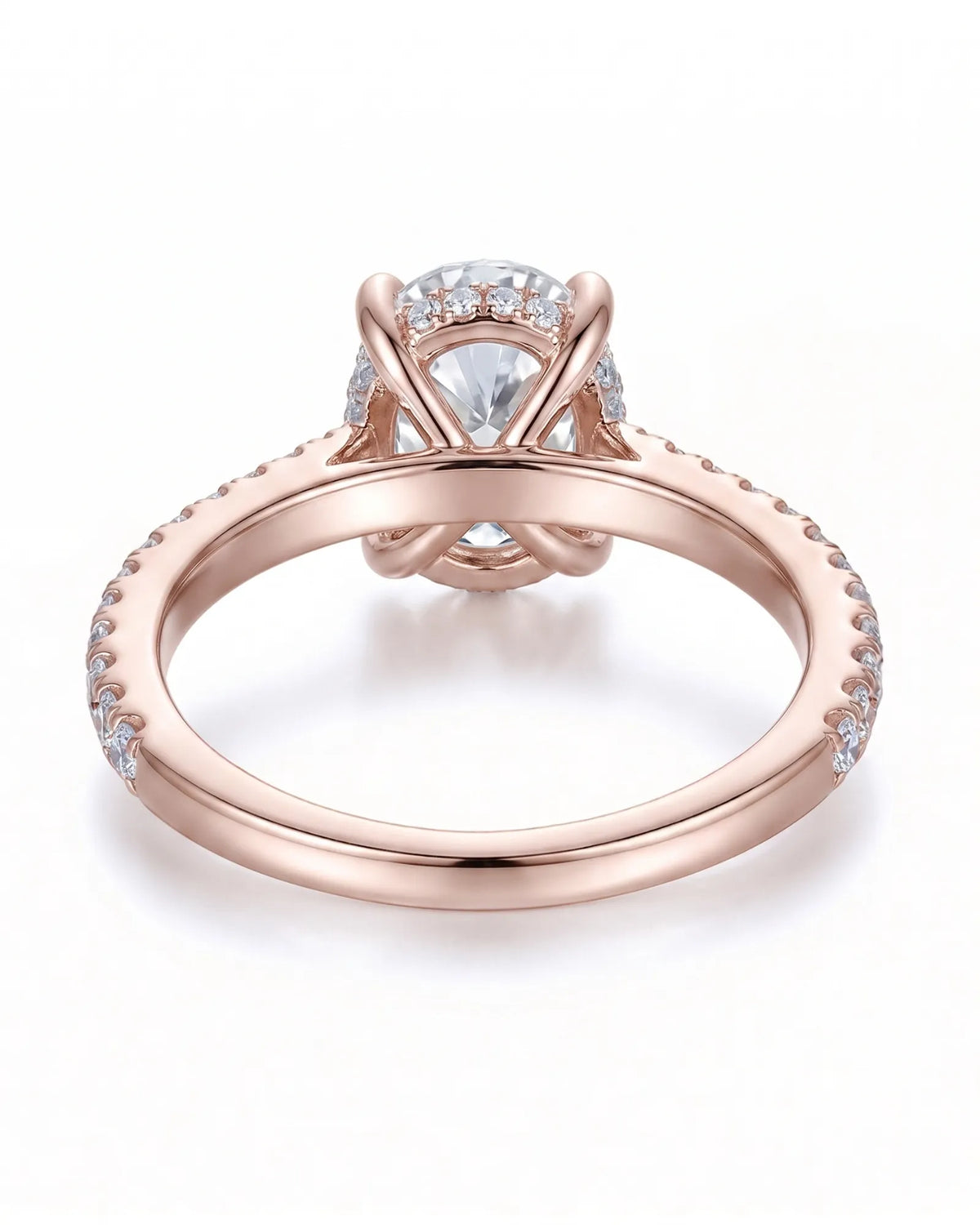 Adriana 1 carat F-colour oval natural diamond hidden halo ring in 18K rose gold, underside view of hidden halo setting | SARATTI