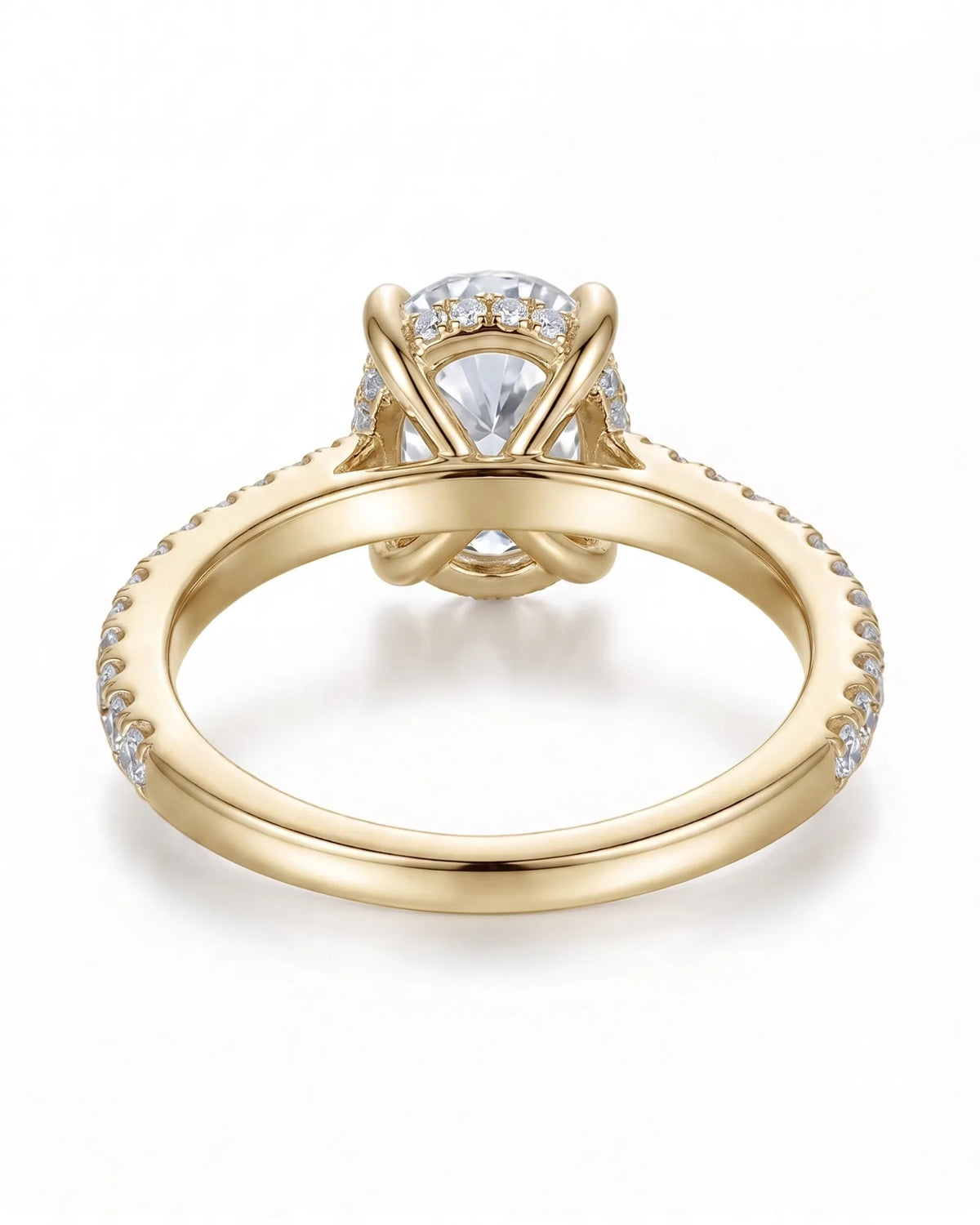 Adriana 1 carat F-colour oval natural diamond hidden halo ring in 18K yellow gold, underside view of hidden halo setting | SARATTI