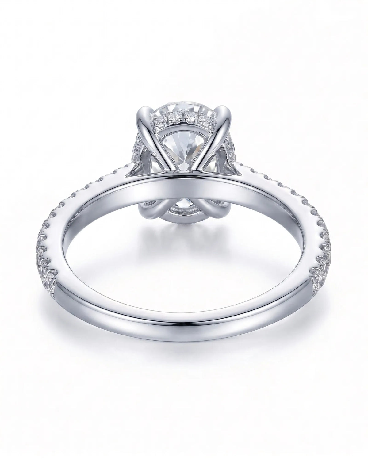 Adriana 1 carat F-colour oval natural diamond hidden halo ring in platinum, underside view of hidden halo setting | SARATTI
