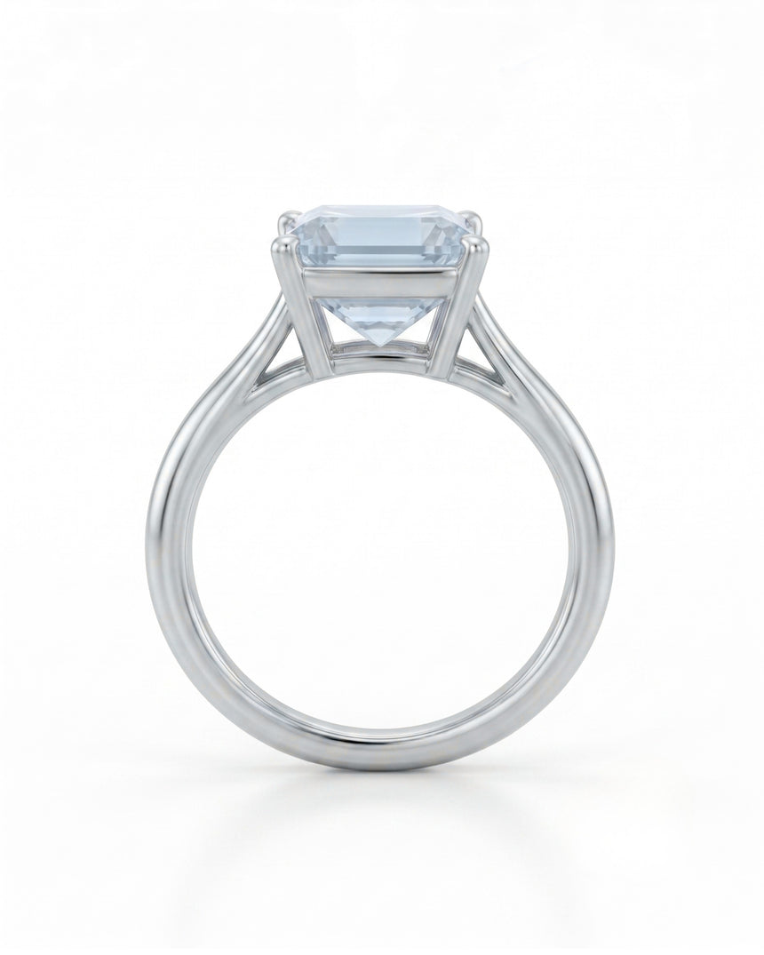 AERIA emerald cut Aquamarine split-shank solitaire ring setting in White Gold, rear gallery view | SARATTI