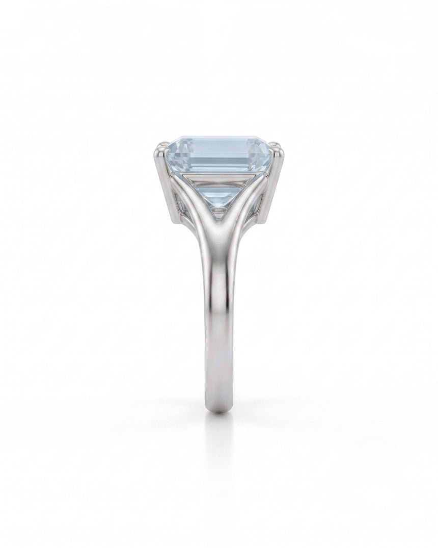 AERIA emerald cut Aquamarine split-shank solitaire ring setting in White Gold, side profile | SARATTI