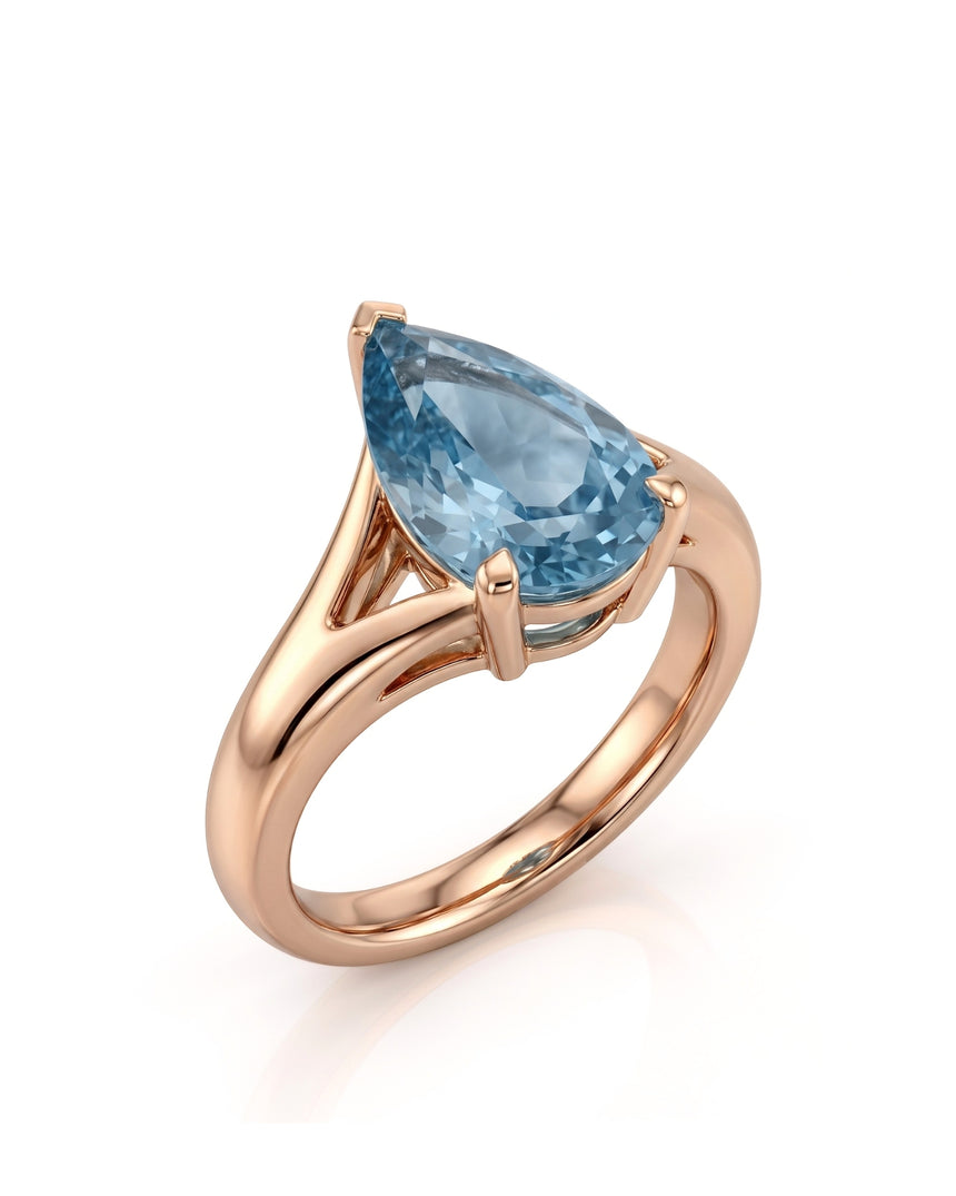 AERIA pear cut Aquamarine split shank solitaire ring setting in Rose Gold, 45-degree view | SARATTI