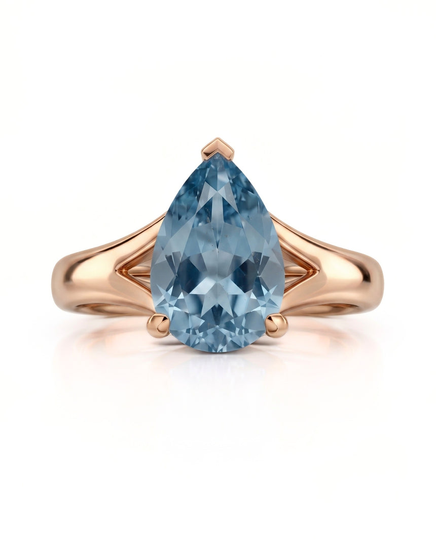 AERIA pear cut Aquamarine split shank solitaire ring setting in Rose Gold, front view | SARATTI