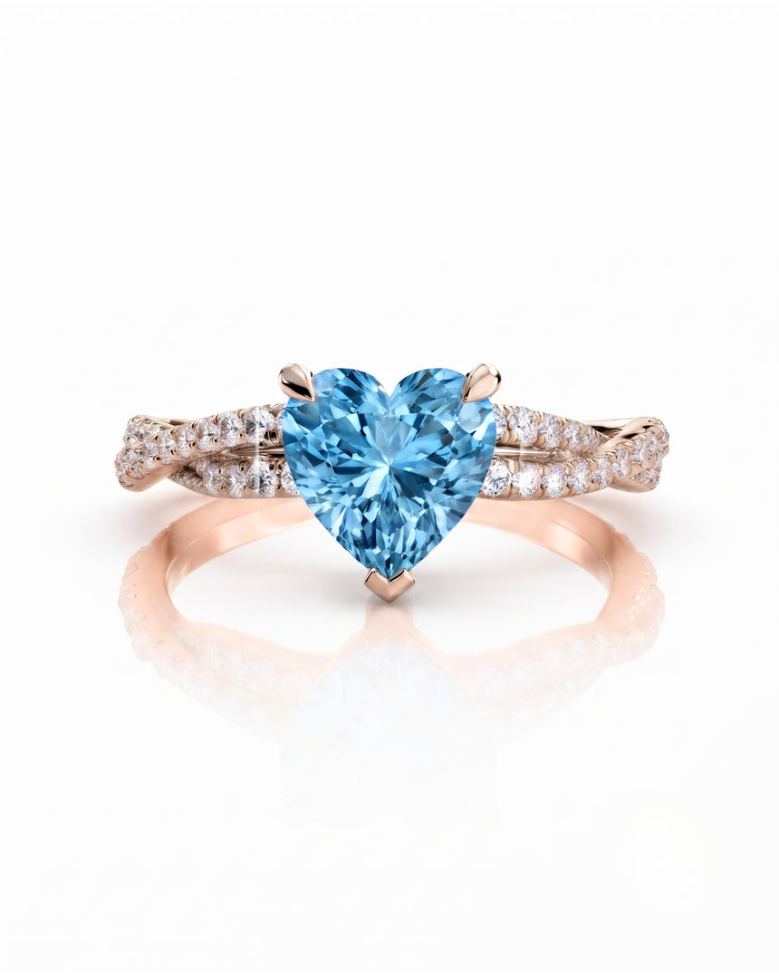 Amorette heart cut Aquamarine pavé split-shank ring setting in Rose Gold, front view | SARATTI