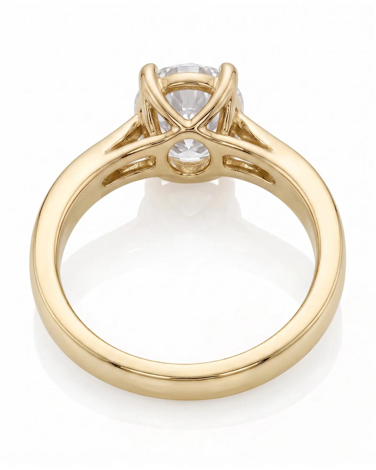 ARIA 1 carat round natural diamond solitaire engagement ring in 18K yellow gold, underside view of open gallery | SARATTI