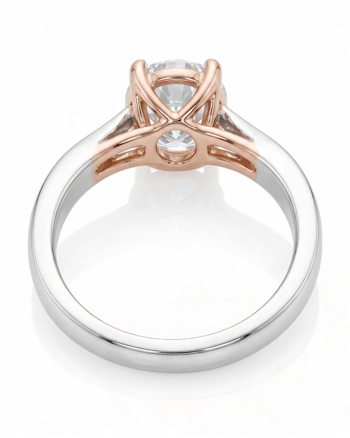 ARIA 1 carat round natural diamond two-tone solitaire engagement ring in 18K white and rose gold, underside view of open gallery | SARATTI