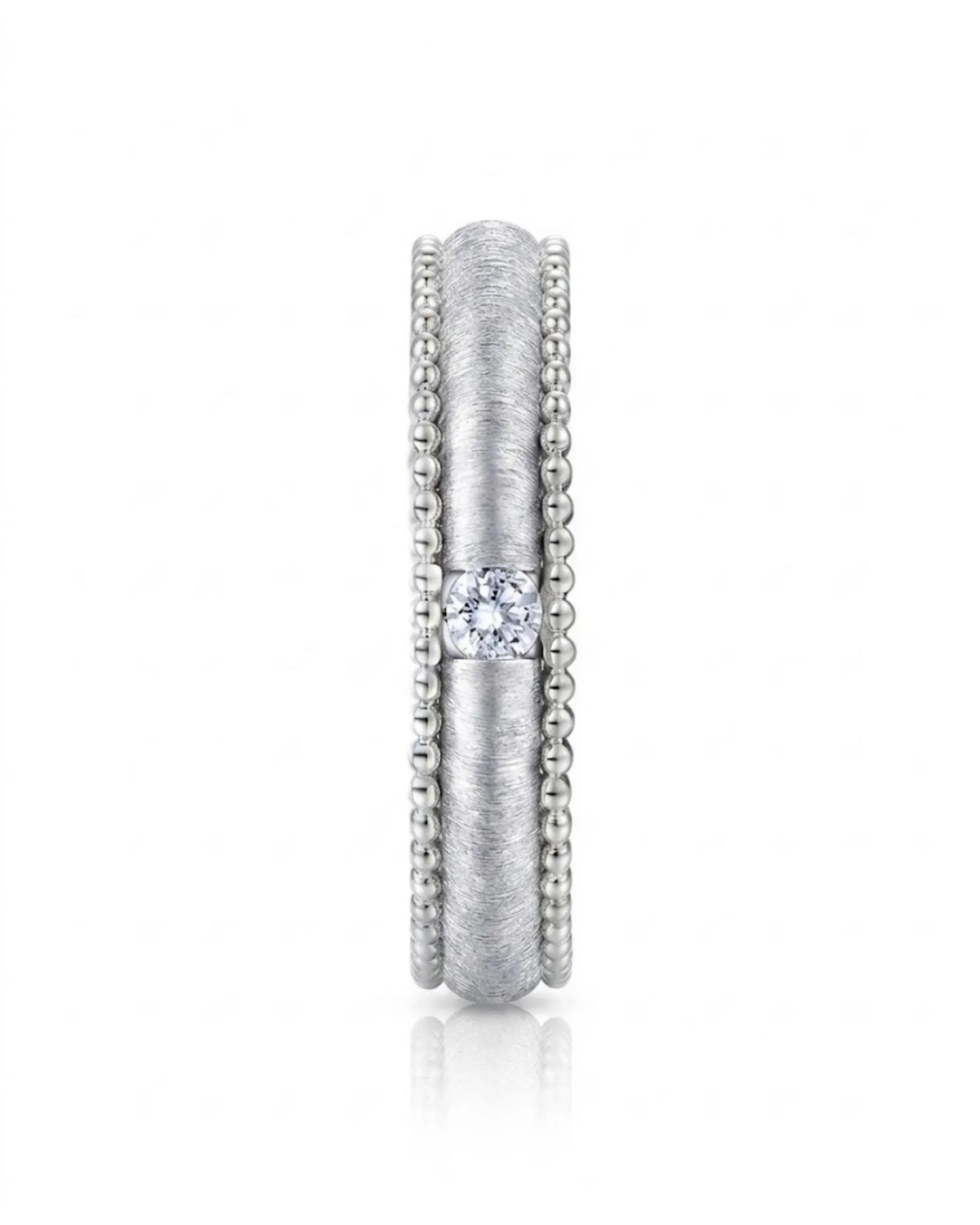 Natural diamond wedding band in platinum framed by refined textured ornament and beaded edging | SARATTI