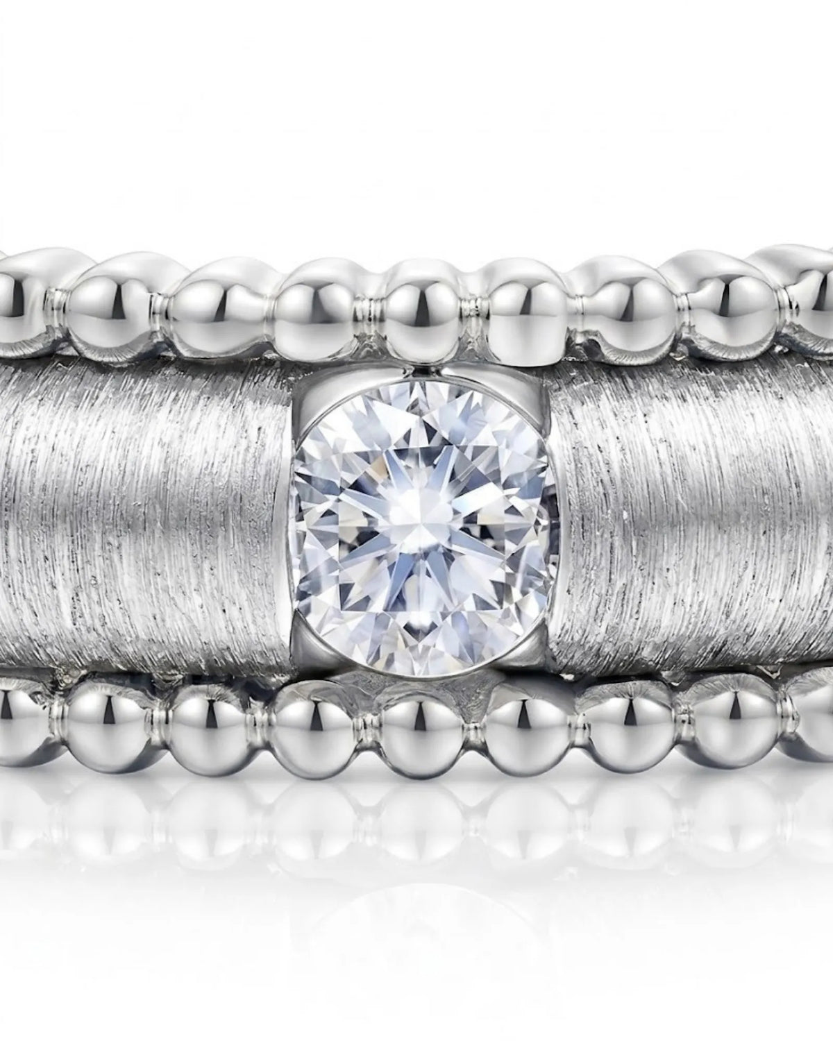 Art Nouveau platinum diamond wedding band with sculpted scrollwork and detailed textured finish | SARATTI
