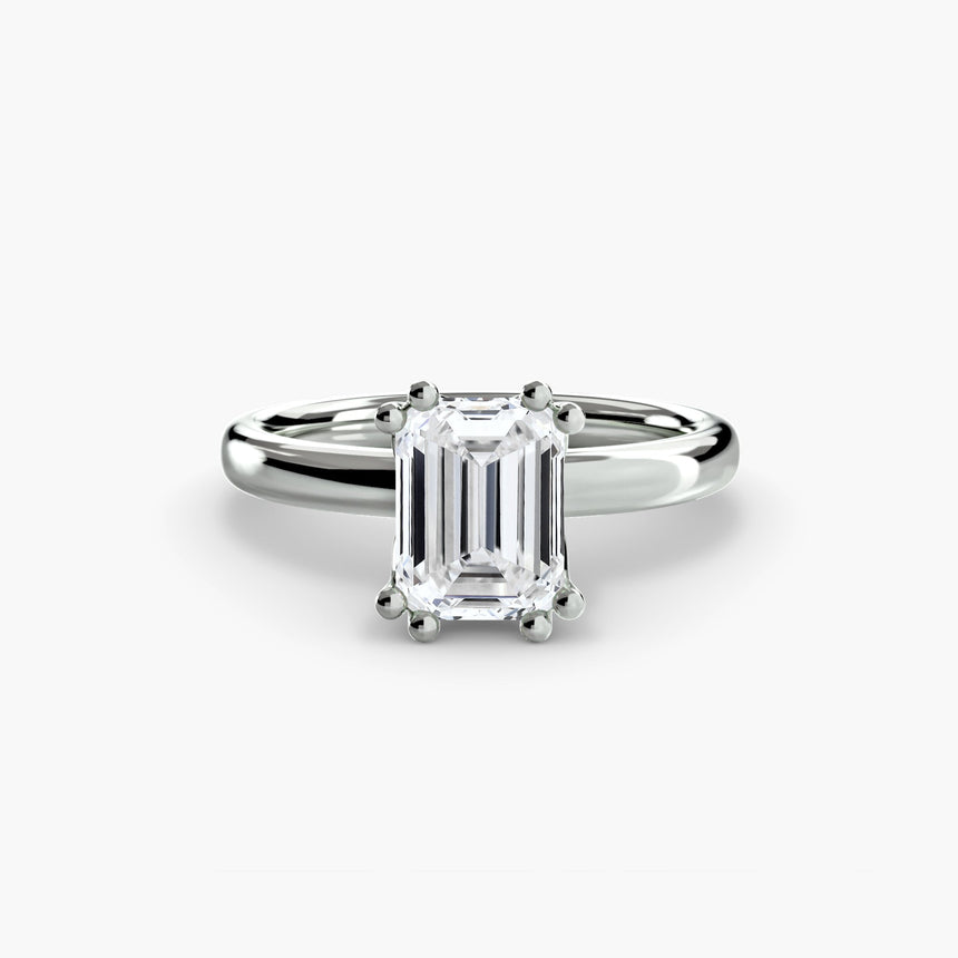 ASTRA – Emerald Cut Six-Prong Solitaire Ring Setting in White Gold, standalone product view | SARATTI