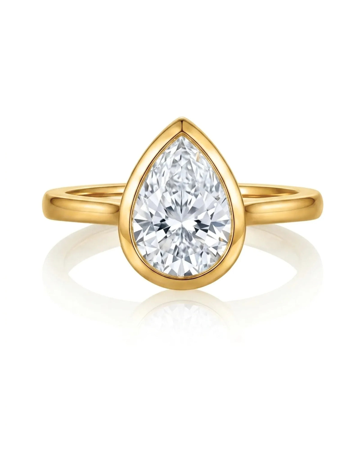Aurelia's Embrace 1 carat pear-cut natural diamond bezel solitaire engagement ring in 18K yellow gold, front view | SARATTI