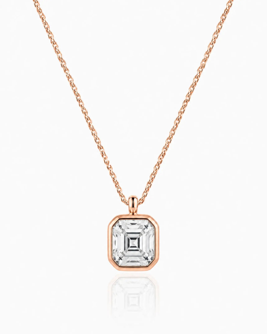 AUREX Asscher Cut bezel necklace setting in rose gold | SARATTI
