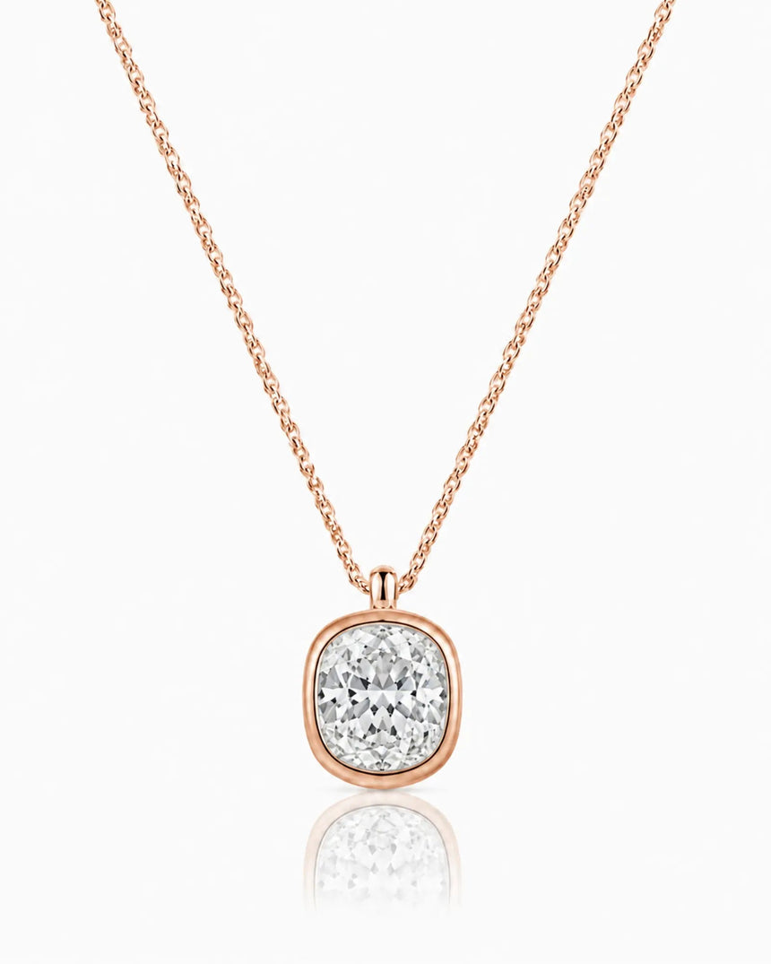 AUREX Cushion Cut bezel necklace setting in rose gold | SARATTI