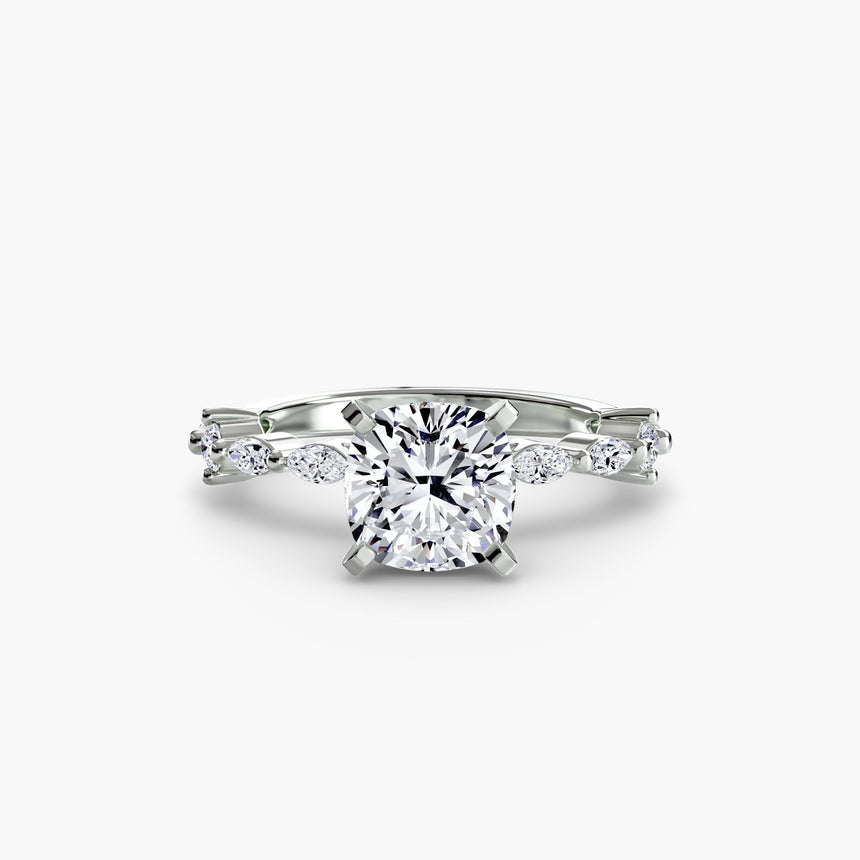 AUREX – Cushion Cut Pavé Cathedral Ring Setting – White Gold view | SARATTI