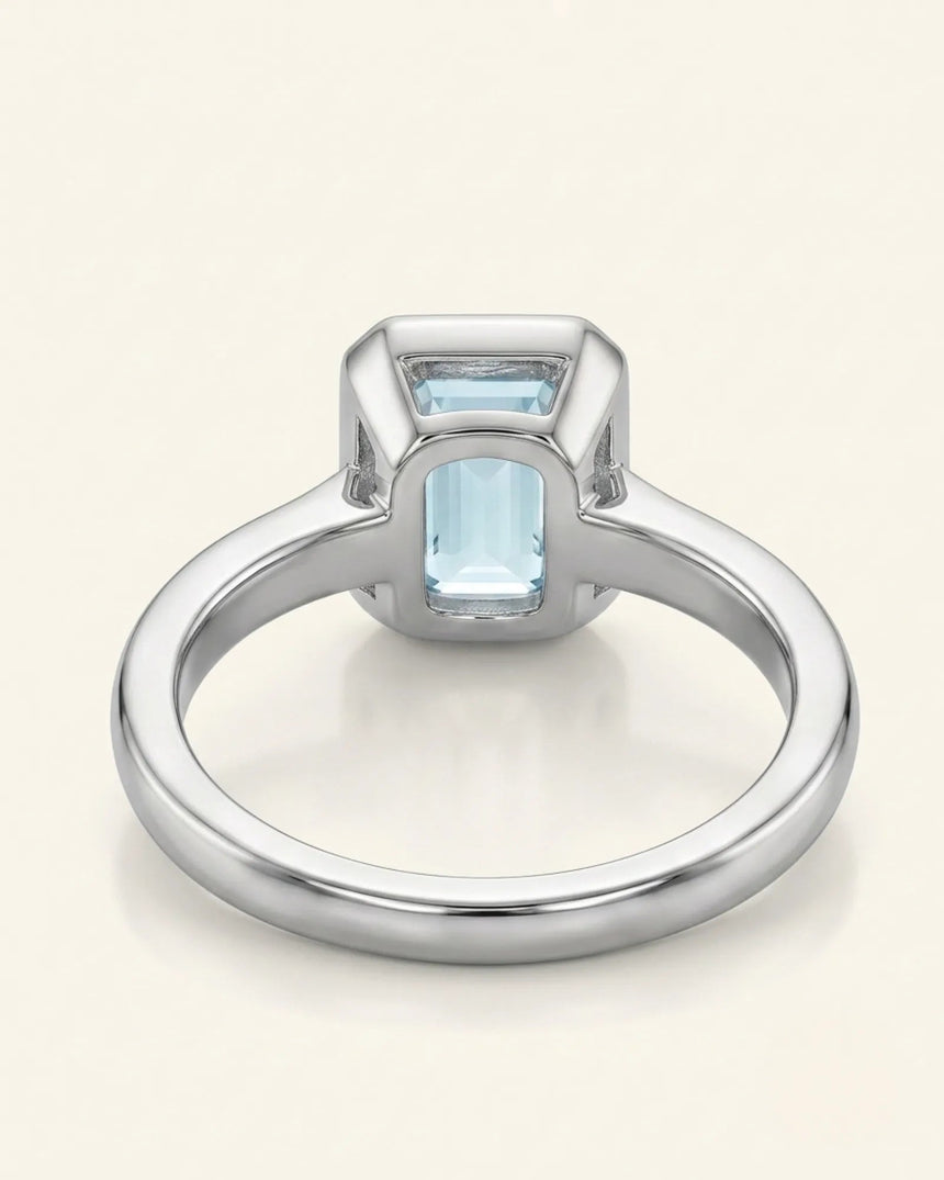 AUREX emerald cut Aquamarine bezel ring setting in White Gold, underside gallery view | SARATTI