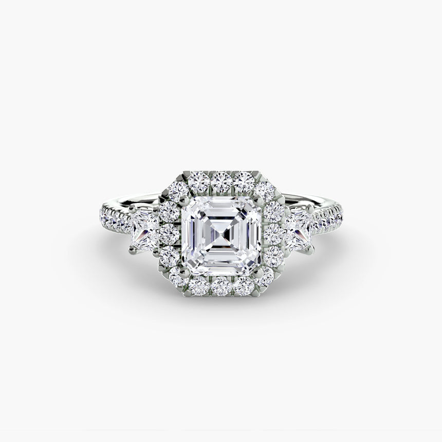 AUREX HALO – Asscher Cut Three-Stone Halo Diamond Ring Setting in 950 Platinum | SARATTI