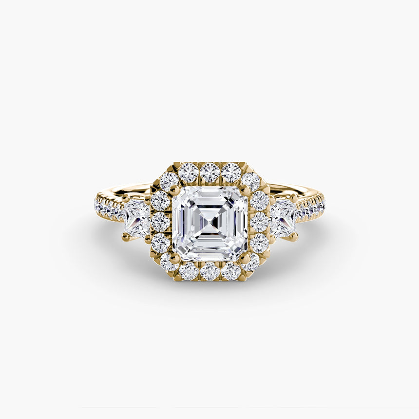 AUREX HALO – Asscher Cut Three-Stone Halo Diamond Ring Setting in Yellow Gold | SARATTI
