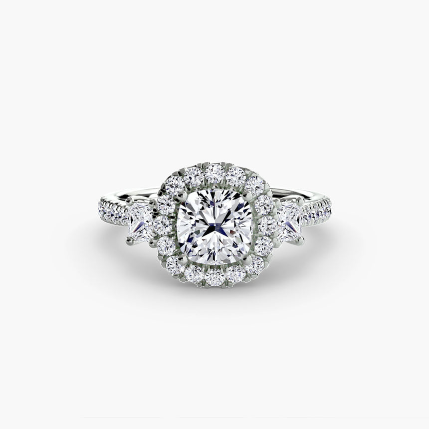 AUREX HALO – Cushion Cut Three-Stone Halo Diamond Ring Setting – White Gold view | SARATTI
