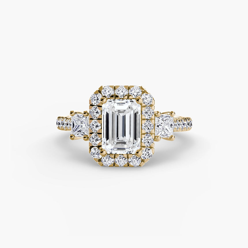 AUREX HALO Emerald Cut three-stone halo diamond ring setting in Yellow Gold | SARATTI