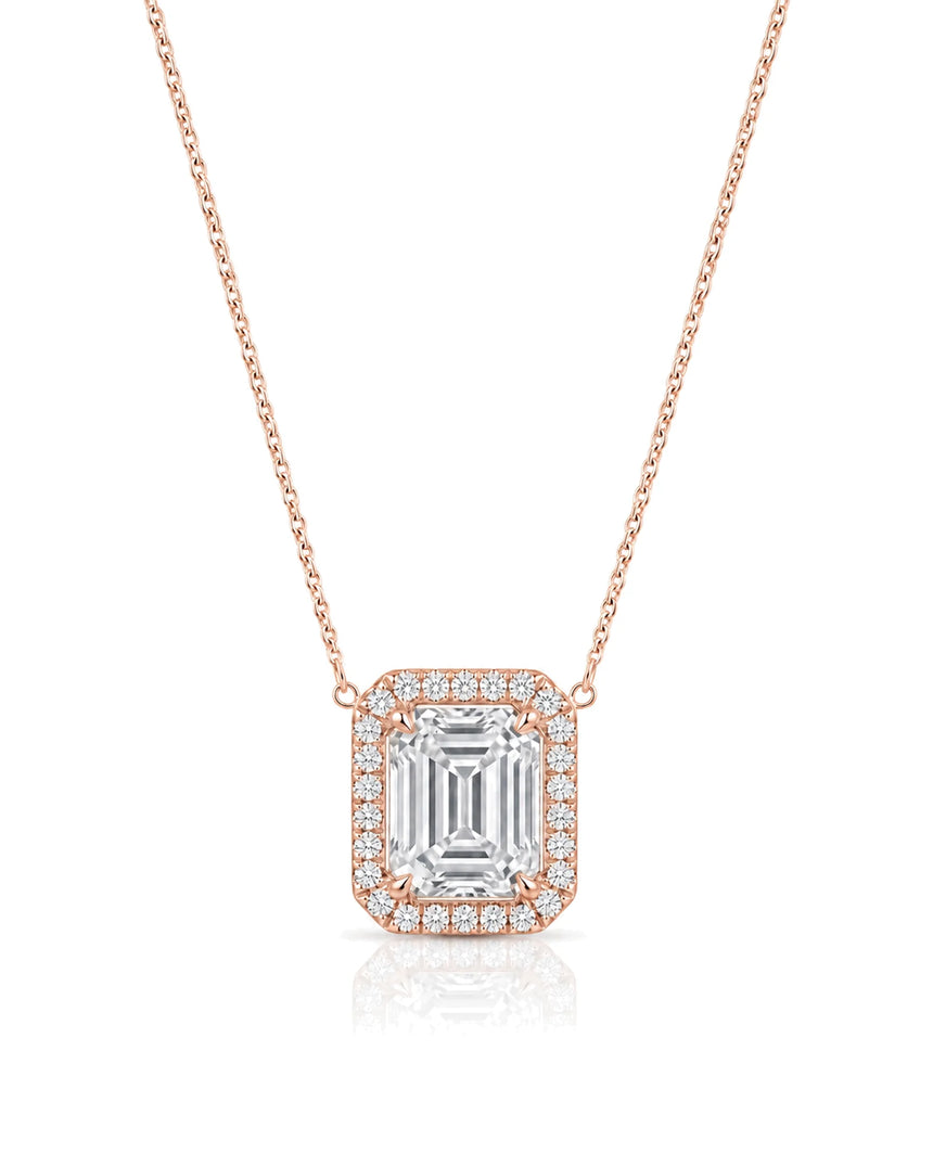 AUREX Halo Emerald Cut necklace setting in rose gold with round diamond halo, front view | SARATTI Fine Jewelry