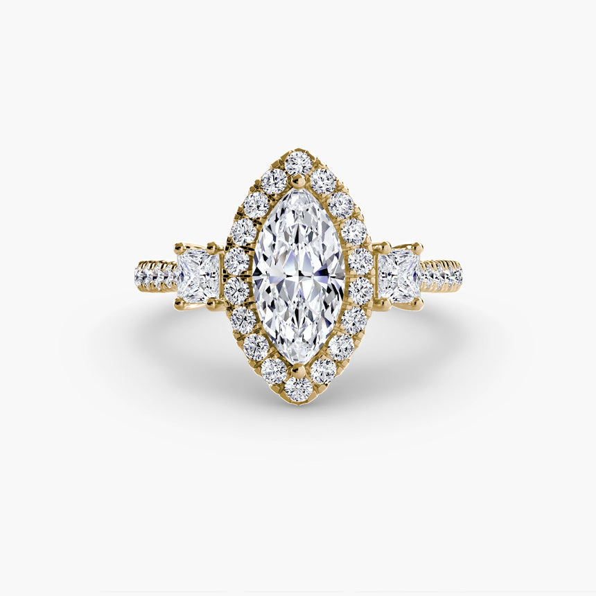 AUREX HALO – Marquise Cut Three-Stone Halo Diamond Ring Setting in Yellow Gold | SARATTI