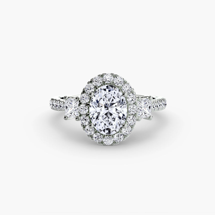 AUREX HALO Oval Cut three-stone halo diamond ring setting in 950 Platinum | SARATTI