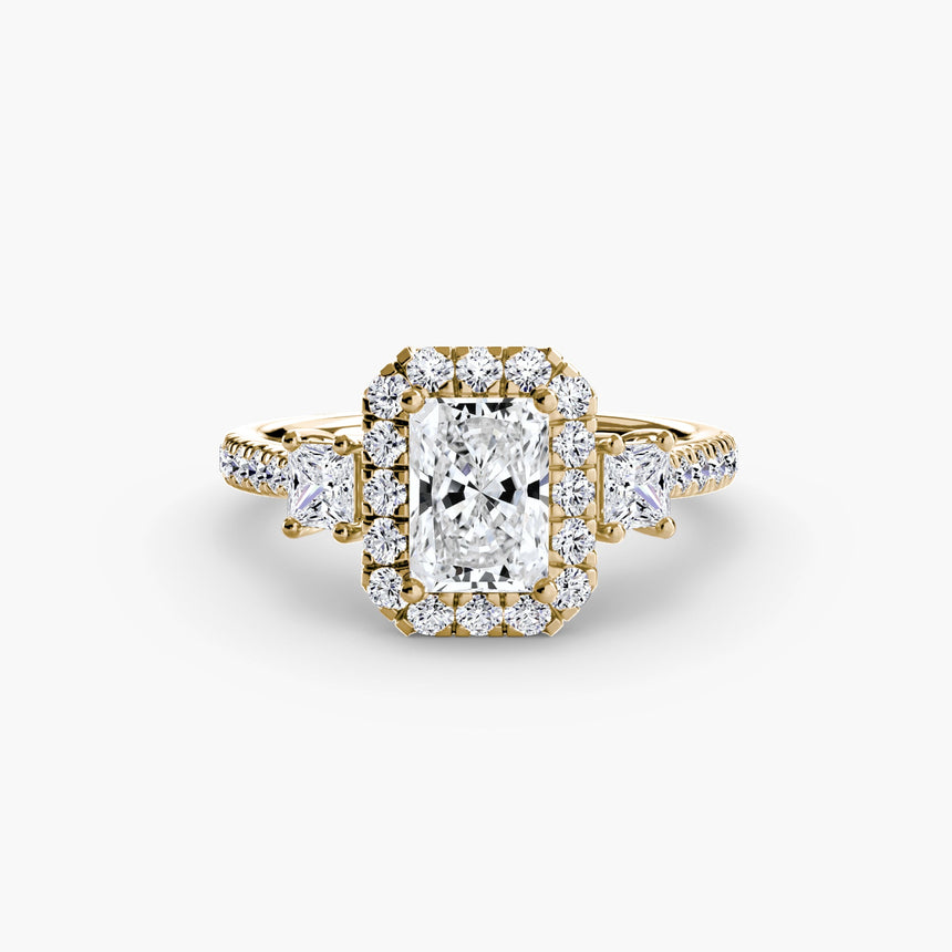 AUREX HALO Radiant Cut Three-Stone Halo Diamond Ring Setting in Yellow Gold | SARATTI
