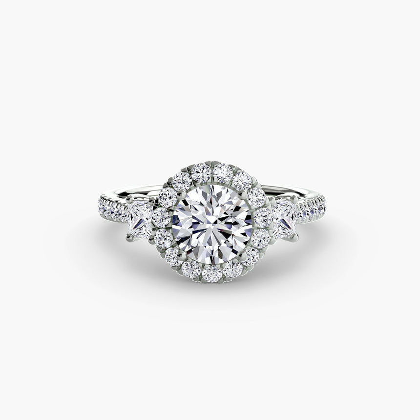 AUREX HALO – Round Cut Three-Stone Halo Diamond Ring Setting in 950 Platinum | SARATTI