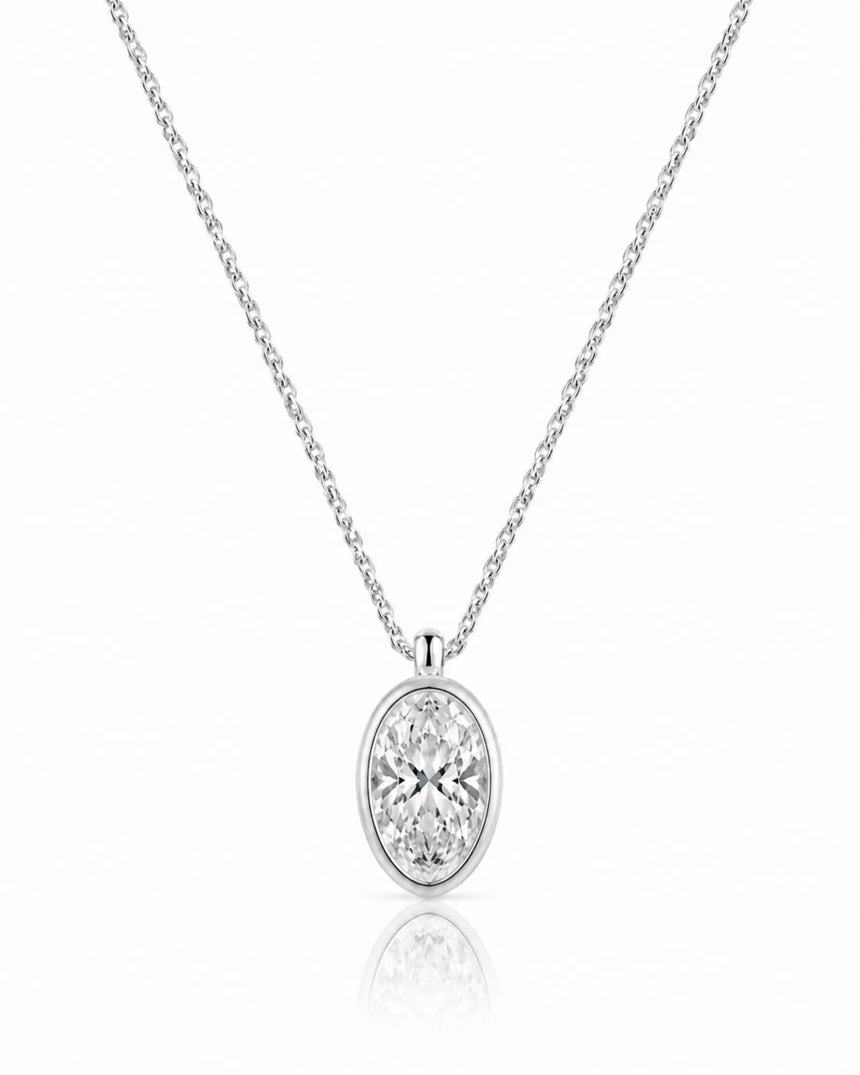 AUREX Oval Cut bezel necklace setting in white gold | SARATTI