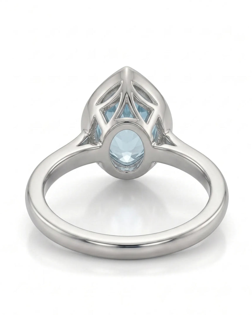 AUREX pear cut Aquamarine bezel solitaire ring setting in Platinum, underside view | SARATTI