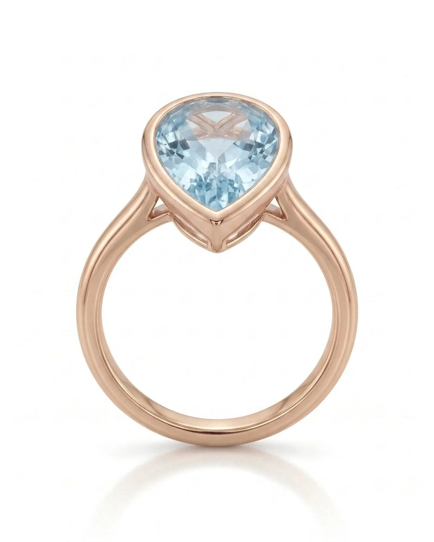 AUREX pear cut Aquamarine bezel solitaire ring setting in Rose Gold, top view | SARATTI