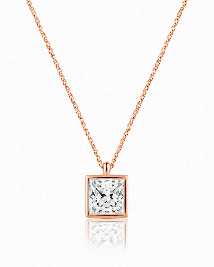 AUREX Princess Cut bezel necklace setting in rose gold | SARATTI