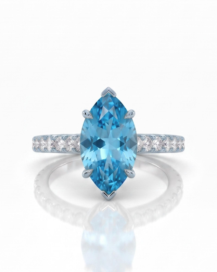 AVELINE marquise cut Aquamarine pavé solitaire ring setting in White Gold, 45-degree view | SARATTI