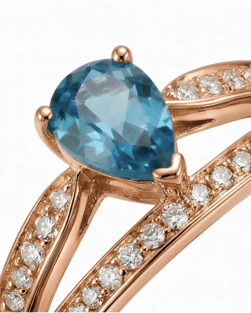 Aveline Vow pear-cut Aquamarine diamond split-shank ring setting in Rose Gold, top view | SARATTI