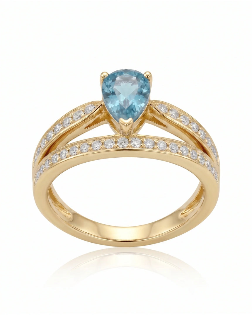 Aveline Vow pear-cut Aquamarine diamond split-shank ring setting in Yellow Gold, profile view | SARATTI
