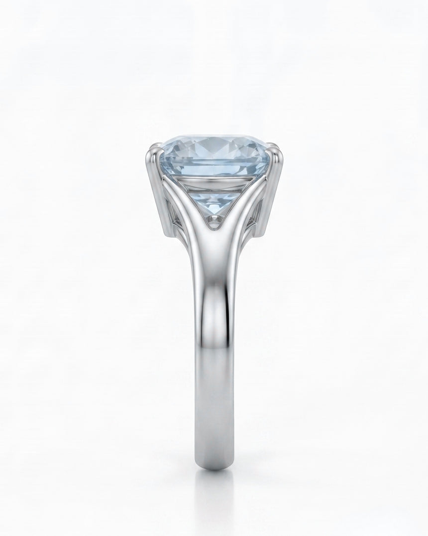 Avenelle cushion cut Aquamarine split-shank ring setting in white gold, side profile | SARATTI