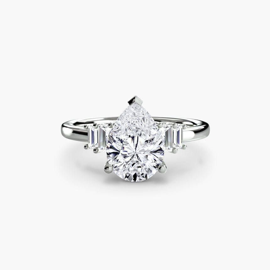 AVENIR – Pear Cut Baguette Accent Solitaire Ring Setting in White Gold | SARATTI
