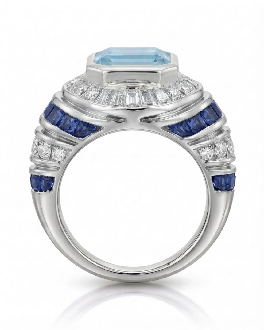 Azzurro Regent emerald-cut Aquamarine cocktail ring setting in Platinum, side profile showing layered sapphire and diamond shoulders | SARATTI