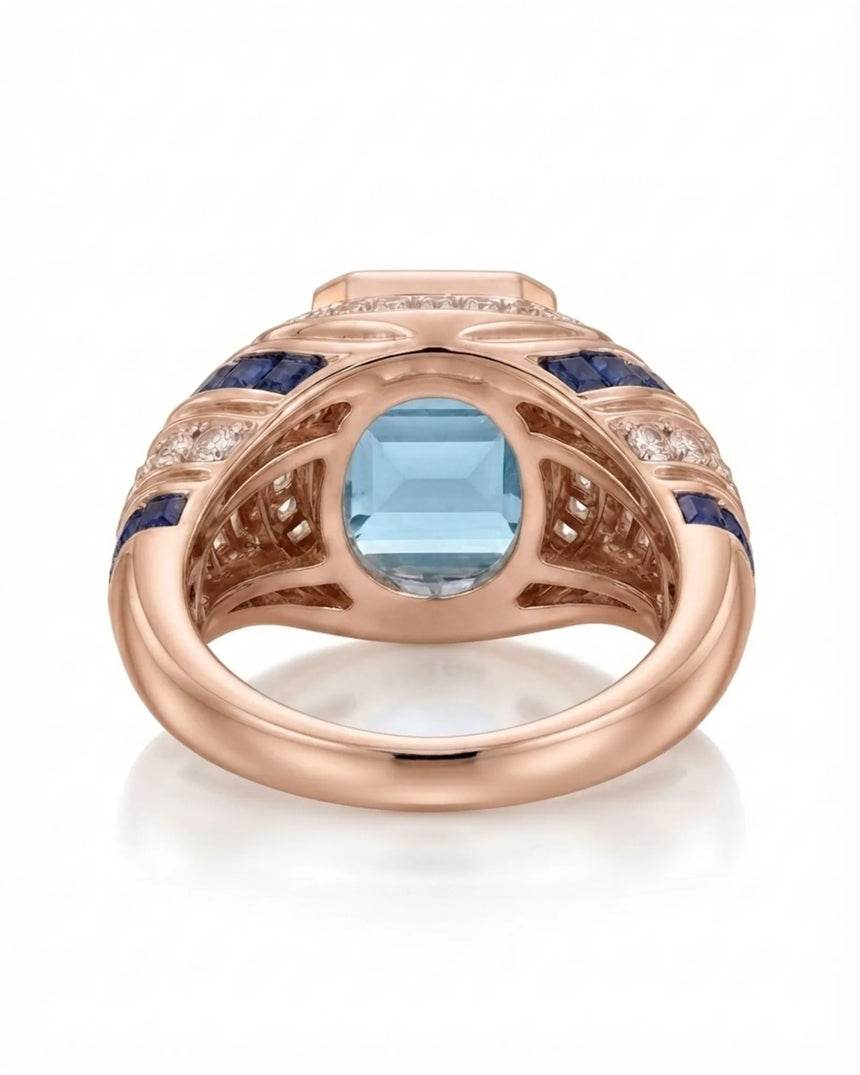 Azzurro Regent emerald-cut Aquamarine cocktail ring setting in rose gold, underside showing open geometric gallery and broad shank | SARATTI