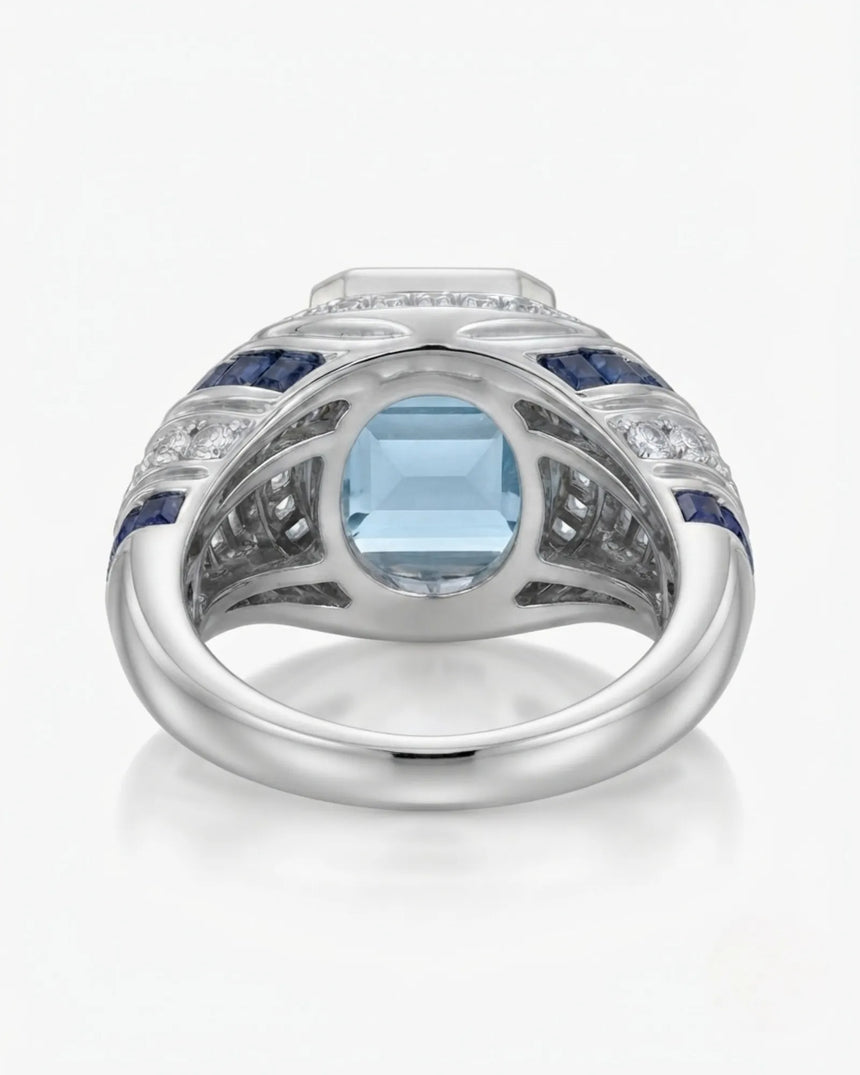 Azzurro Regent emerald-cut Aquamarine cocktail ring setting in white gold, underside showing open geometric gallery and broad shank | SARATTI