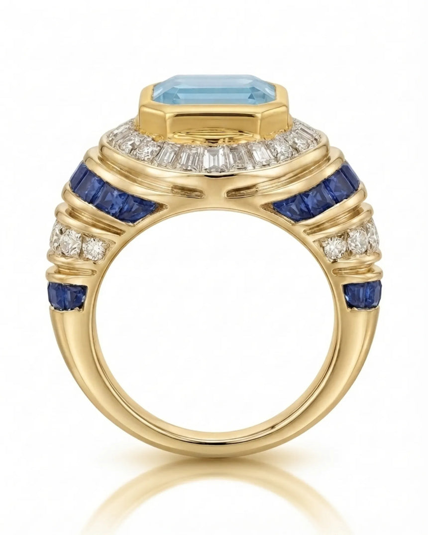 Azzurro Regent emerald-cut Aquamarine cocktail ring setting in yellow gold, side profile showing layered sapphire and diamond shoulders | SARATTI