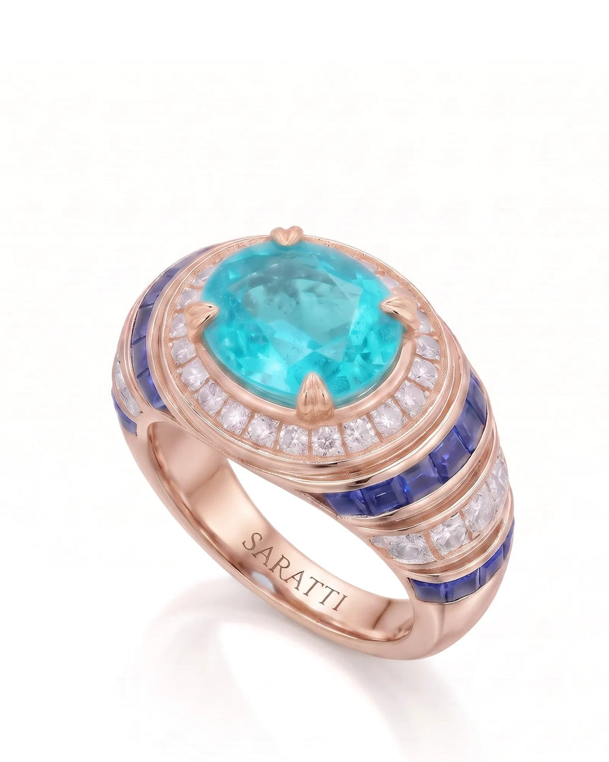 AZZURRO REGENT oval Paraiba tourmaline sapphire and diamond cocktail setting in rose gold, three-quarter view | SARATTI