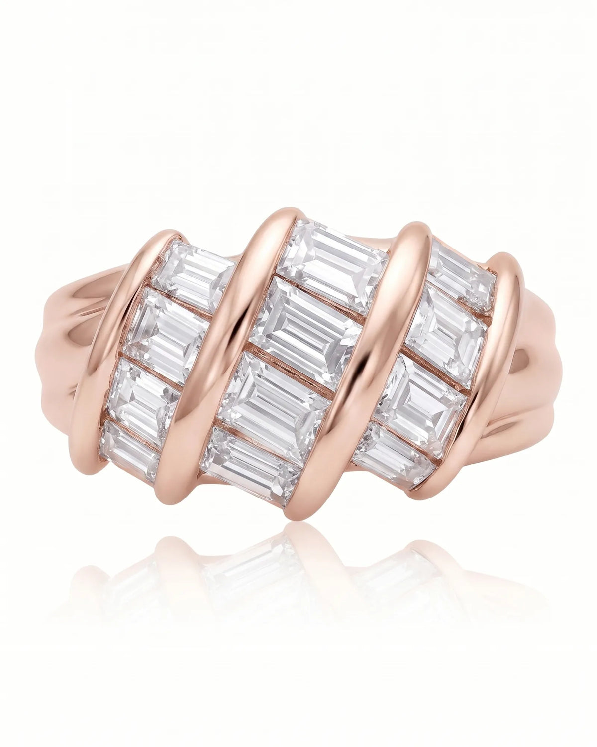 18K rose gold baguette diamond eternity band, detailed studio view | SARATTI