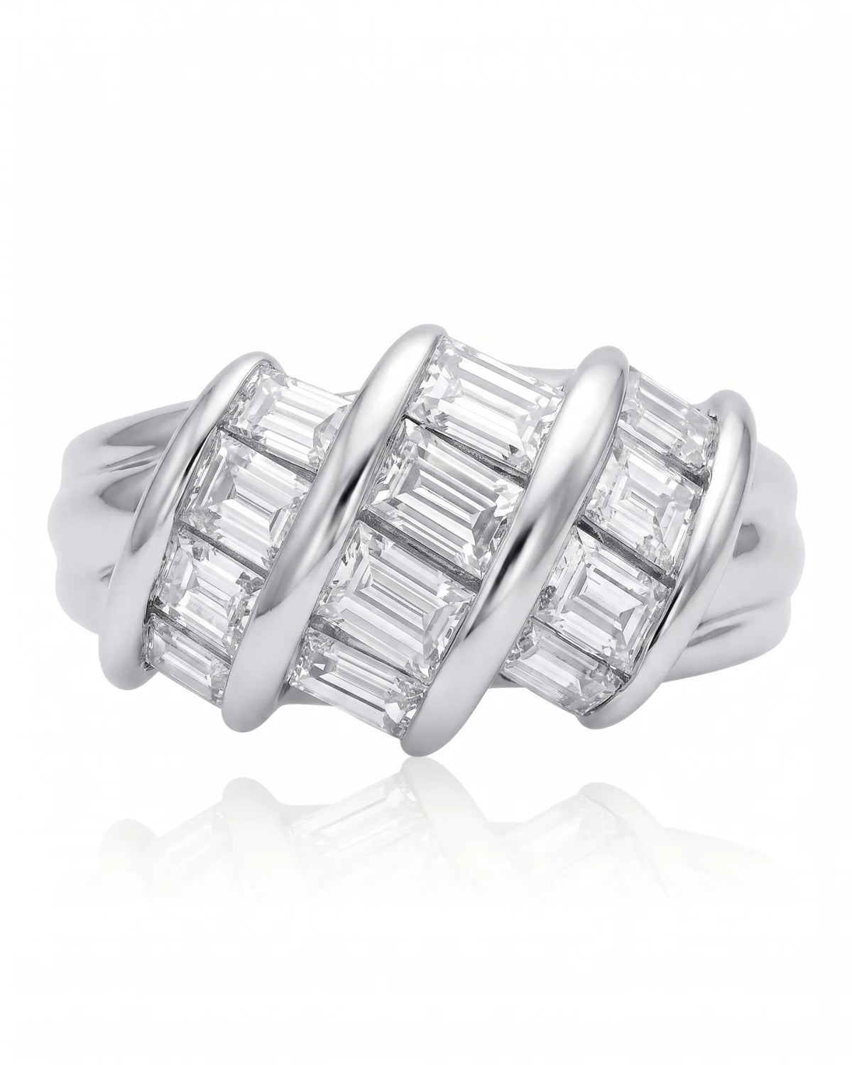 18K white gold baguette diamond eternity band, angled studio view | SARATTI