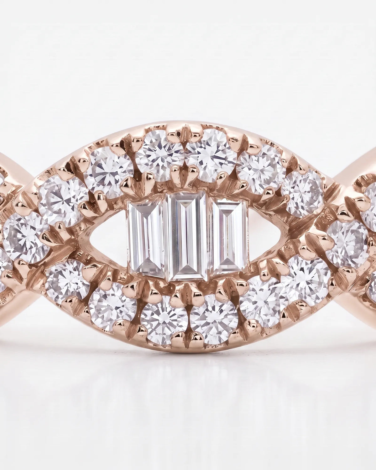 Baguette and round diamond half eternity band in 18K rose gold with polished curved detailing | SARATTI