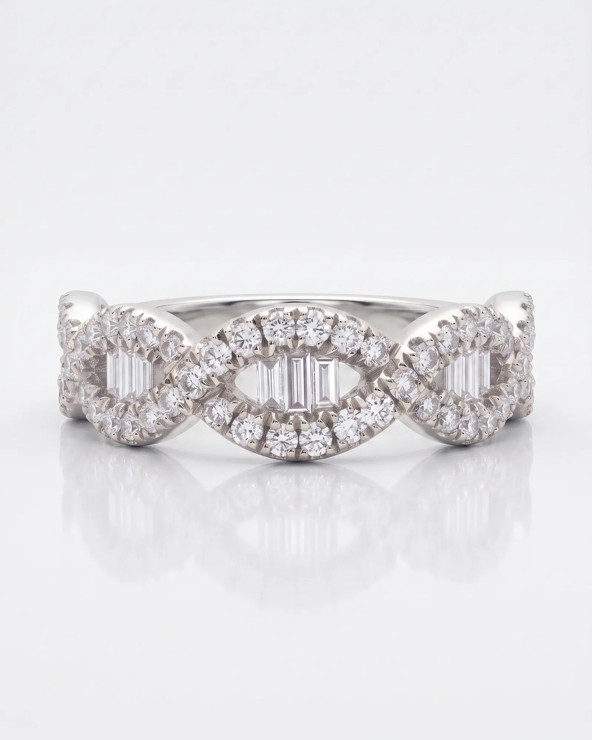 Platinum half eternity wedding band with alternating baguette and round diamonds | SARATTI
