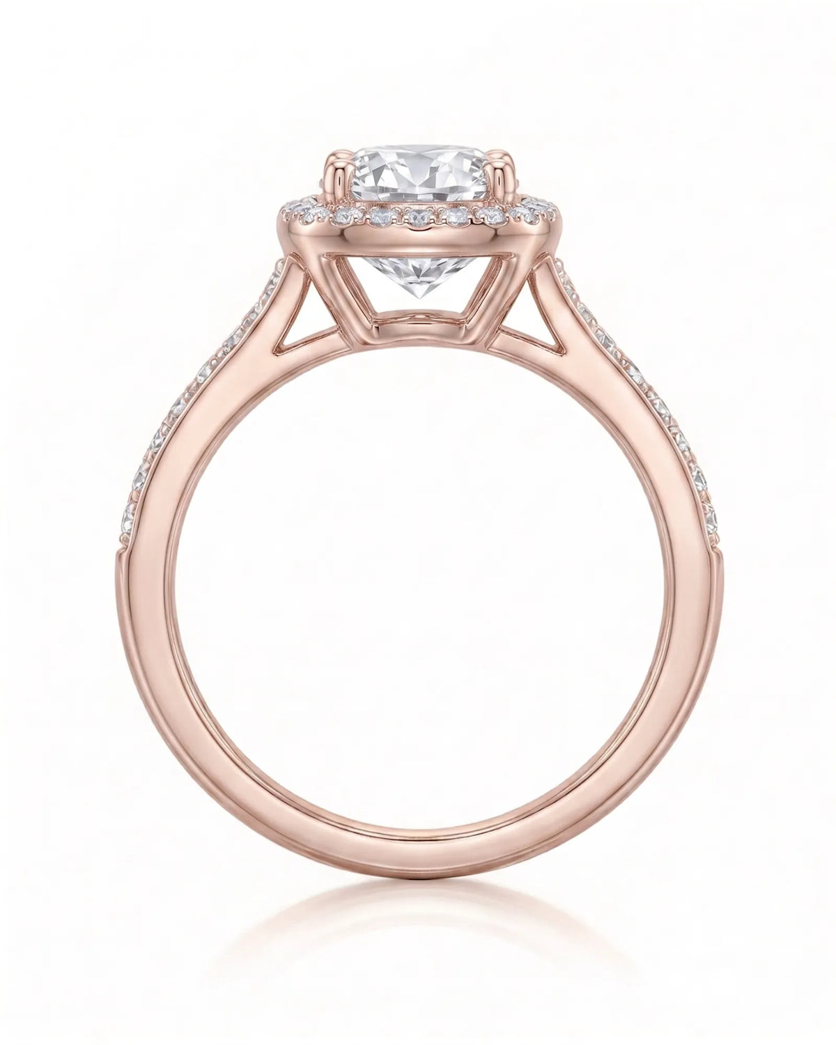 BEA 0.50 carat round natural diamond halo engagement ring in 18K rose gold, side profile showing raised halo basket | SARATTI