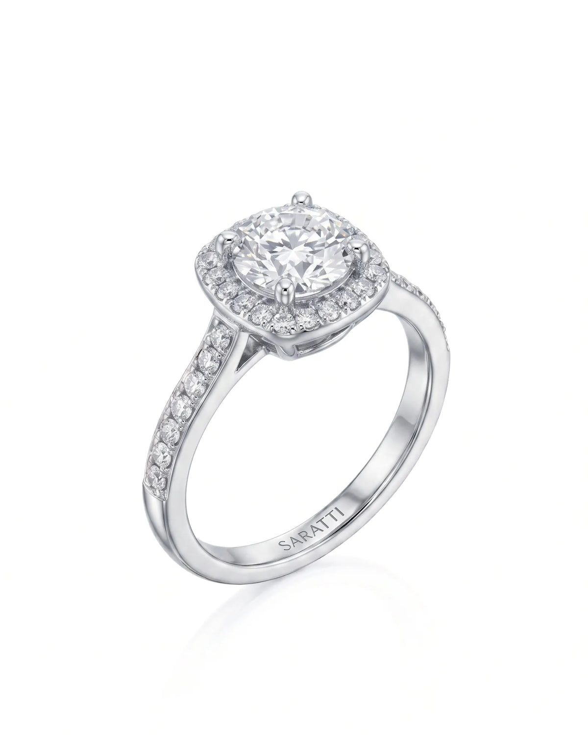 BEA 0.50 carat round natural diamond halo engagement ring in 18K white gold, 45-degree view | SARATTI