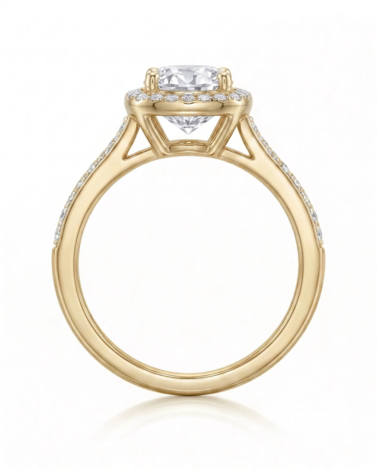 BEA 0.50 carat round natural diamond halo engagement ring in 18K yellow gold, side profile showing raised halo basket | SARATTI