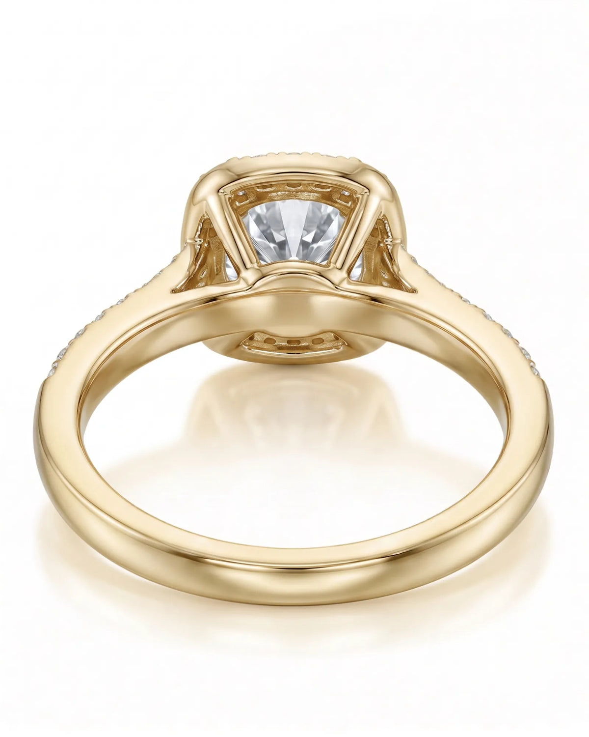 BEA 0.50 carat round natural diamond halo engagement ring in 18K yellow gold, underside and open gallery view | SARATTI